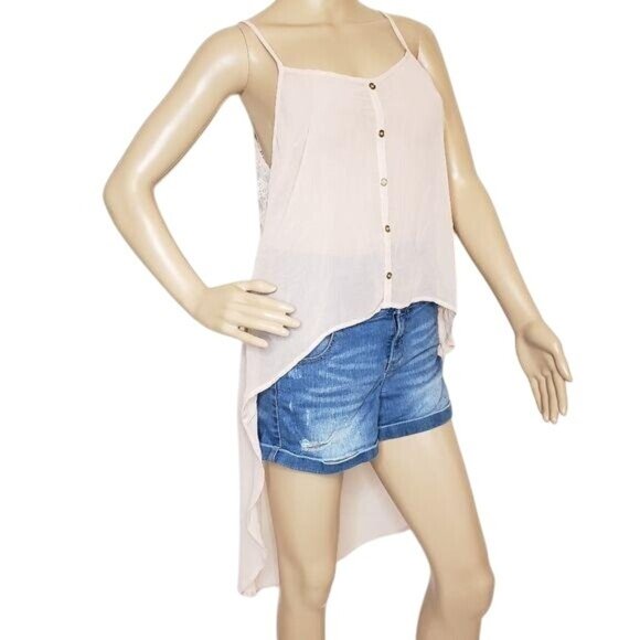 Sheer Lace-Back High-Low Tank Top long tail lace detail button see through - Picture 1 of 6